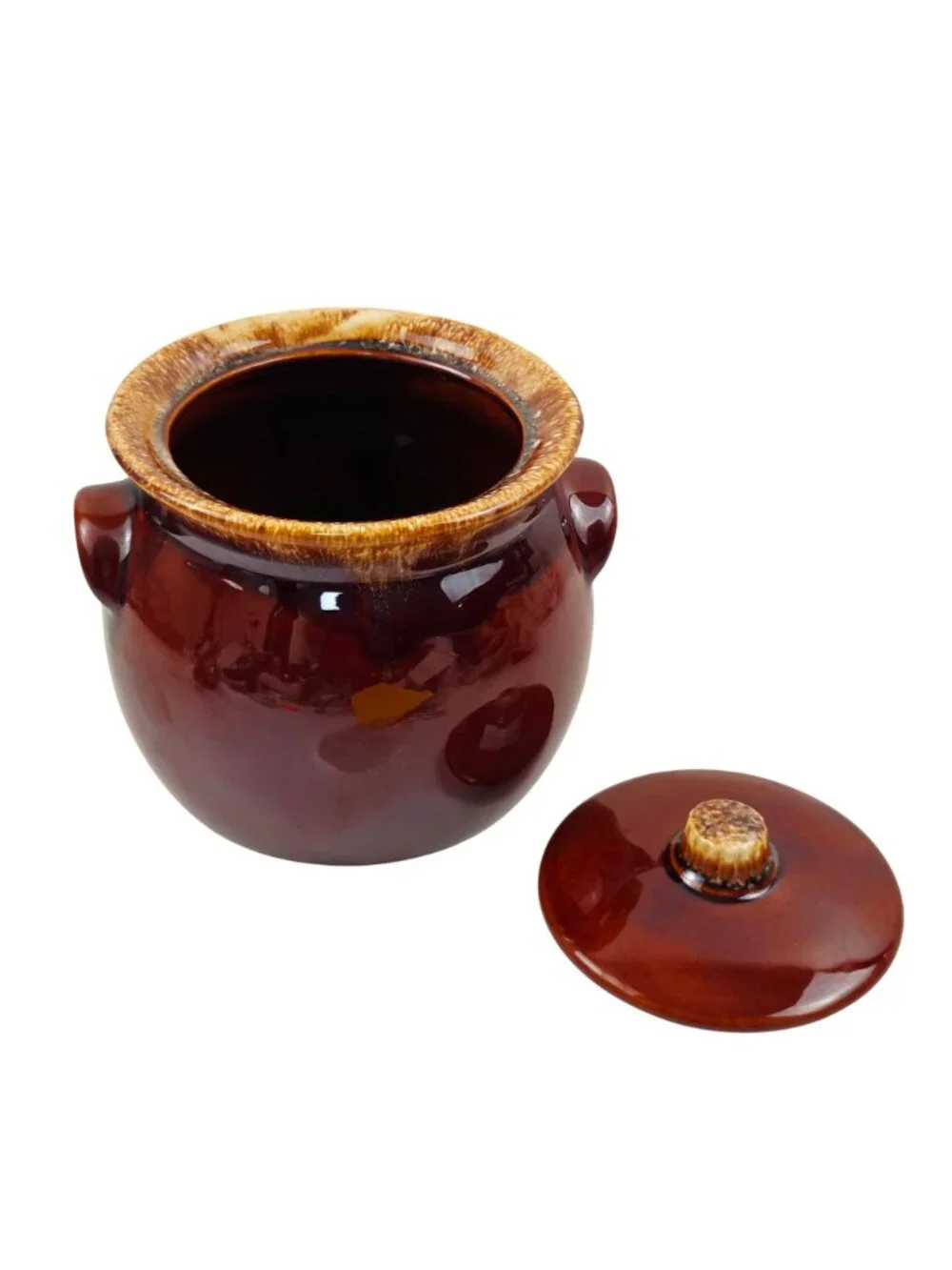 Hull Pottery Bean Pot Brown Drip Glaze Glossy Lid Cookie Jar Oven Proof USA